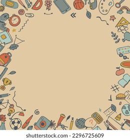 Frame made of colored stationery and school supplies. For posters and announcements. School supplies. Ready for school stuff. Back to school. Vector illustration