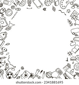 Frame made of colored stationery and school supplies on a white background. For posters and announcements. School supplies. Ready for school stuff. Back to school. Vector illustration