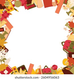 Frame made of colored stationery and school supplies on a white background. For posters and announcements. School supplies. Ready for school stuff. Back to school. Vector illustration