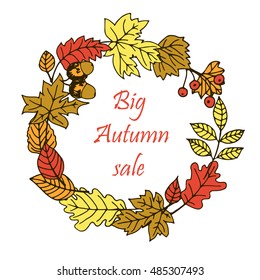 Frame made of colorful autumn leaves with lettering.