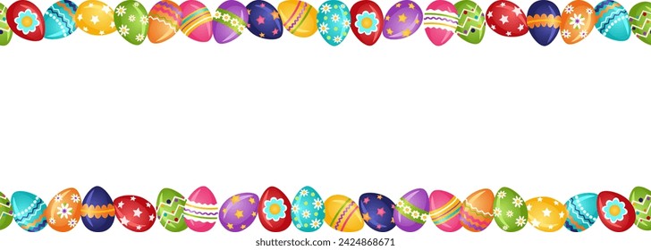 Frame made of colorful bright Easter eggs. Horizontal seamless Easter decor with painted eggs. Vector illustration.