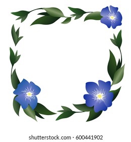 A frame made of delicate flowers and graceful leaves along the perimeter of the leaf. Green branches and blue flowers periwinkles