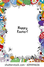 Frame made of Easter eggs and doodled flowers, leaves and bugs. Template design with lettering.