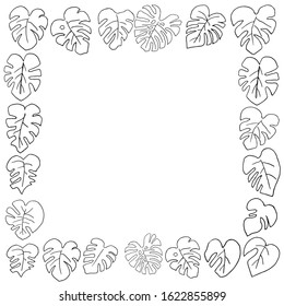 Frame made of exotic tropical monstera leaves. Monstera line of leaves art. Doodle style. Minimalism. Modern decor. Vector.