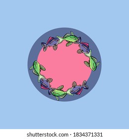 Frame made of fish, cartoon, square, circle, border, wreath, round, fish, pink, violet, blue background, card, postcard, aquarium, zoo, zoo shop, magazine, party, greeting, marine, wild life, ocean