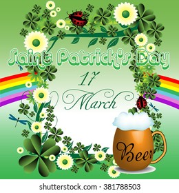 Frame made from flowers and clovers, colorful rainbow and a beer mug. Saint Patrick's Day theme