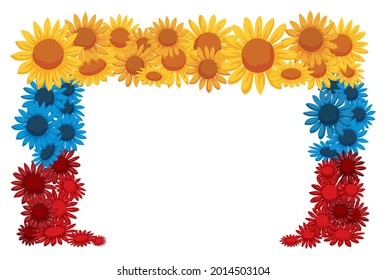 Frame made with flowers in the colors of Colombian flag: yellow, blue and red.