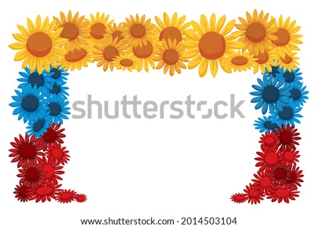 Frame made with flowers in the colors of Colombian flag: yellow, blue and red.