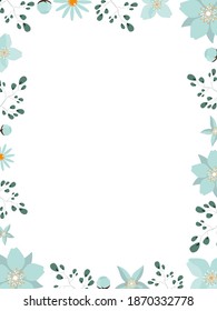 Frame made of flowers and leaves. Ready-made poster in gentle colors with place for text. Wide template for design and print. Green tones. Vector.