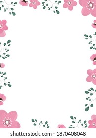 Frame made of flowers and leaves. Ready-made poster in gentle colors with place for text. Green and pink tones. Vector.