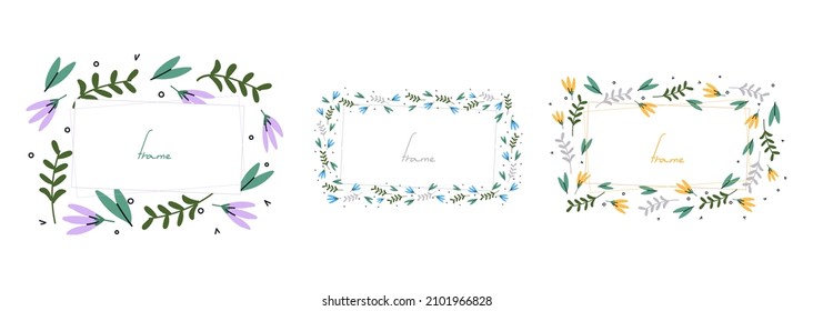 
Rahmen aus Blumen und Blättern. Rechteckig, verschiedene Größen Blumen, Set. Flache Vektorgrafik