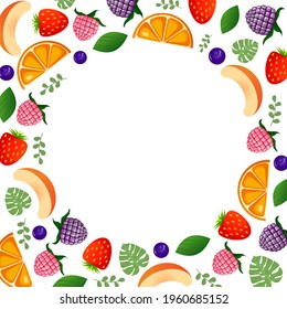 Frame made of fruits and berries on a white background to insert text, advertising, postcards. Vector flat illustration. Cartoon style. Orange, strawberry, blueberry, raspberry, blackberry, peach.