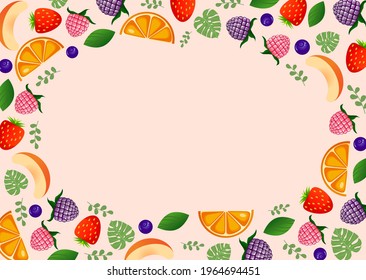 Frame made of fruits and berries on a pink background to insert text, advertising, postcards. Vector flat illustration. Cartoon style. Orange, strawberry, blueberry, raspberry, blackberry, peach.