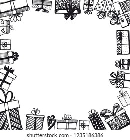 Frame made of gifts. Vector template of magazines, posters, book cover .Gifts around ad. Shopping sale banner. Hand drawn. Vector illustration