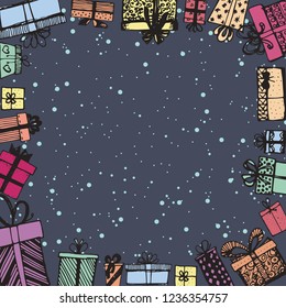 Frame made of gifts. Vector template of magazines, posters, book cover .Gifts around ad. Shopping sale banner. Hand drawn. Vector illustration