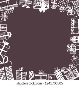 Frame made of gifts. Vector template of magazines, posters, book cover .Gifts around ad. Shopping sale banner. Hand drawn. Vector illustration