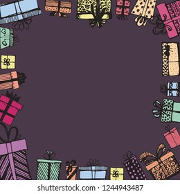 Frame made of gifts. Vector template of magazines, posters, book cover .Gifts around ad. Shopping sale banner. Hand drawn. Vector illustration