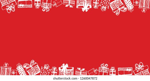 Frame made of gifts. Vector template of magazines, posters. Gifts around ad. Shopping sale banner. Hand drawn. Vector illustration