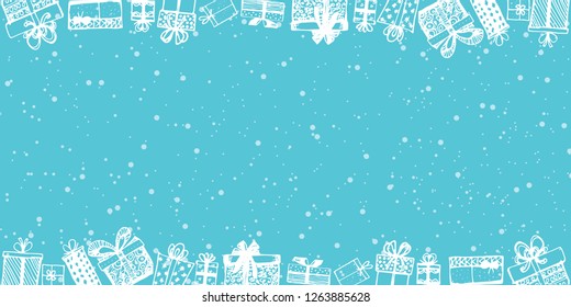 Frame made of gifts. Vector template of magazines, posters. Gifts around ad. Shopping sale banner. Hand drawn. Vector illustration
