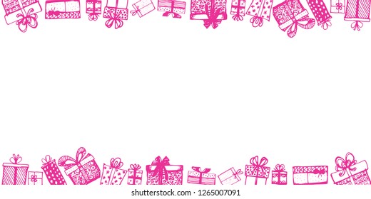 Frame made of gifts. Vector template of magazines, posters. Gifts around ad. Shopping sale banner. Hand drawn. Vector illustration