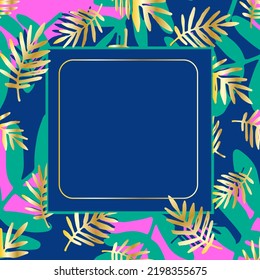 a frame made of gold leaves with turquoise and pink inserts with an empty square space for text. pattern of twigs with rounded leaves square golden for invitations, labels