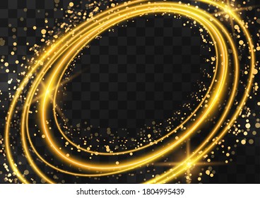 Frame made of gold oval rings with glitter, sparkles and flashes on a dark transparent background. Vector illustration.