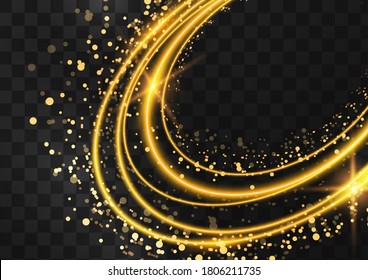 Frame made of gold oval rings with glitter, sparkles and flashes on a dark transparent background. Vector illustration.