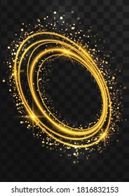 Frame made of gold oval rings with glitter, sparkles and flashes on a dark transparent background. Vector illustration.