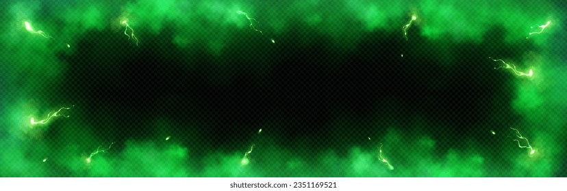 Rahmen aus grünem Rauch und Blitzschrauben mit Overlay-Effekt. Realistische, transparente Vektorgrenze mit Nebel- und Gewitter- oder Energiekosten. Helles Glühen und helle Funken in der Tracht.