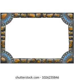 Frame made of grey stones with ancient ornament with space for your text or image isolated on white background. Vector cartoon close-up illustration.