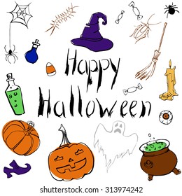 Frame made from Halloween doodles and scary hand lettering "Happy Halloween" inside It.