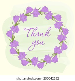 Frame made of hand drawn crocus spring flowers . Hand drawn wreath for Thank you card, Greeting card or Invitation. Vector illustration.