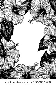 Frame made of hand drawn hibuiscus flowers on white background with space for text.