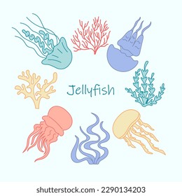 Frame made of hand Drawn Jellyfish and corals. Cute cartoon Underwater animals