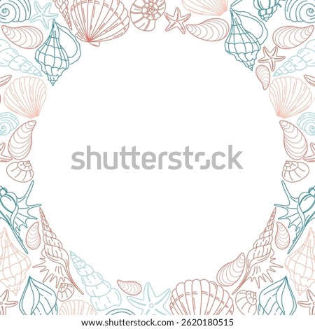 Frame made of hand-drawn seashells and starfish in pastel colors. Perfect for summer cards, wedding invitations, beach party designs, and marine-themed decorations.