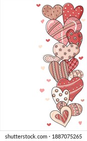 The frame is made up of hearts. The frame is decorated on one side. Valentine's Day. Design for wedding invitations and Valentine's Day Symbol of love. All objects are separated. Hand-drawn. Vector.