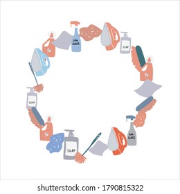 A frame made of household items for cleaning and washing. Iron, rag, detergent, soap, powder, brush. Vector stock illustration on white background.