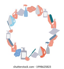 A frame made of household items for cleaning and washing. Iron, rag, detergent, soap, powder, brush. Vector stock illustration on white background.