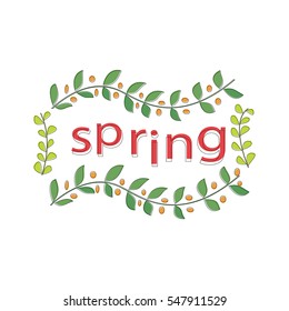 Frame made of leaves with the words "spring" on a white background