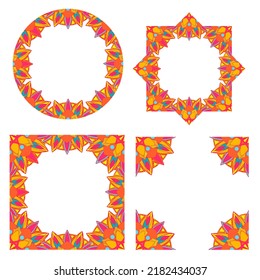 a frame made of a mandala of bright sunny colors. round and square frame template stylized symmetrical pattern of orange-yellow flower petals on a white hand-drawn vector isolated boho element