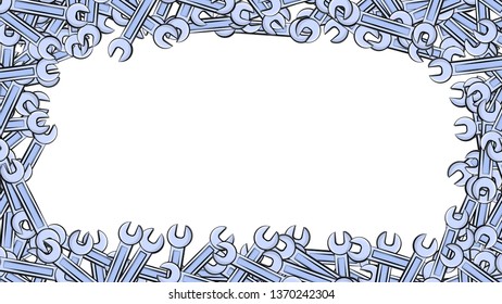 Frame made of metal blue blue gas wrenches for locksmith building repair for loosening and tightening the nuts and bolts on a white background. Vector illustration.
