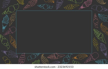 Frame made of multicolored contours of ice cream on black background. Summer food one line doodle template