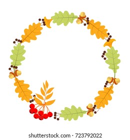 frame made of natural autumn materials. Leaflets, twigs, mushrooms, acorns