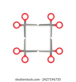 Frame made from open scissors. Colored vector with empty clear background inside.