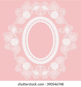 Moldura feita de laço de aberturas. Rendas brancas sobre um fundo rosa. Ilustração vetorial
