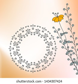 Frame made of ornament in circle and flowers on light background. Template for a postcard with place for signature, doodle style. Vector illustration. Art sketch.