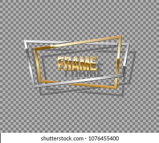 Frame made of overlapping golden and silver rectangles. Vector luxury design element isolated on transparent background.