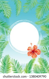 Frame made of palm leaf and hibiscus, illustration of watercolor touch, ornament, tropical | illustration of summer image, blue background