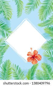 Frame made of palm leaf and hibiscus, illustration of watercolor touch, ornament, tropical | illustration of summer image, blue background