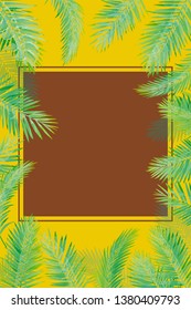 Frame made of palm leaves, illustration of watercolor touch, ornament, tropical | illustration of summer image, yellow background
